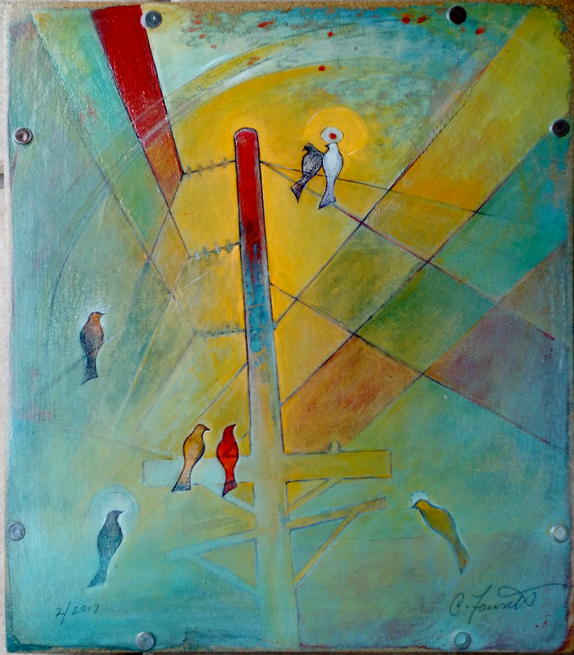Six birds cluster on the red crossbar of a stylized power pole against a fractured teal-and-gold sky, a white dove with a halo glowing where the wires meet.