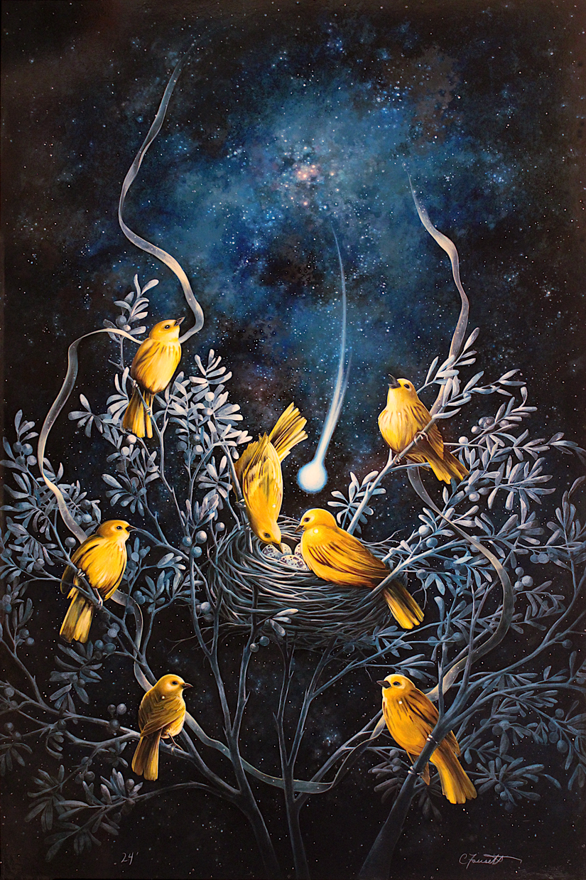 Six yellow warblers gather in an olive tree around a nest holding three speckled eggs, under a starry night sky with a shooting star overhead.