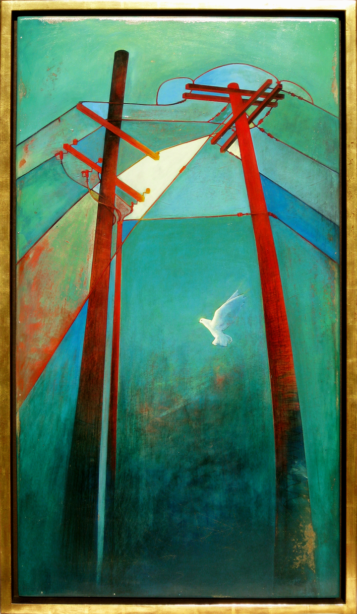 A white dove flies between two tall red power poles crossed against a teal sky, their wires forming a faint halo overhead.