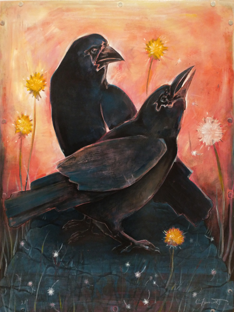 Two black crows perch together on a weathered fence rail against a warm coral sky dotted with dandelions.