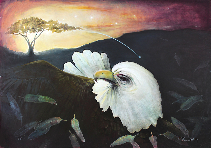 A dark bird carries a single white bloom across a quiet hillside, one bare tree on the ridge behind it.