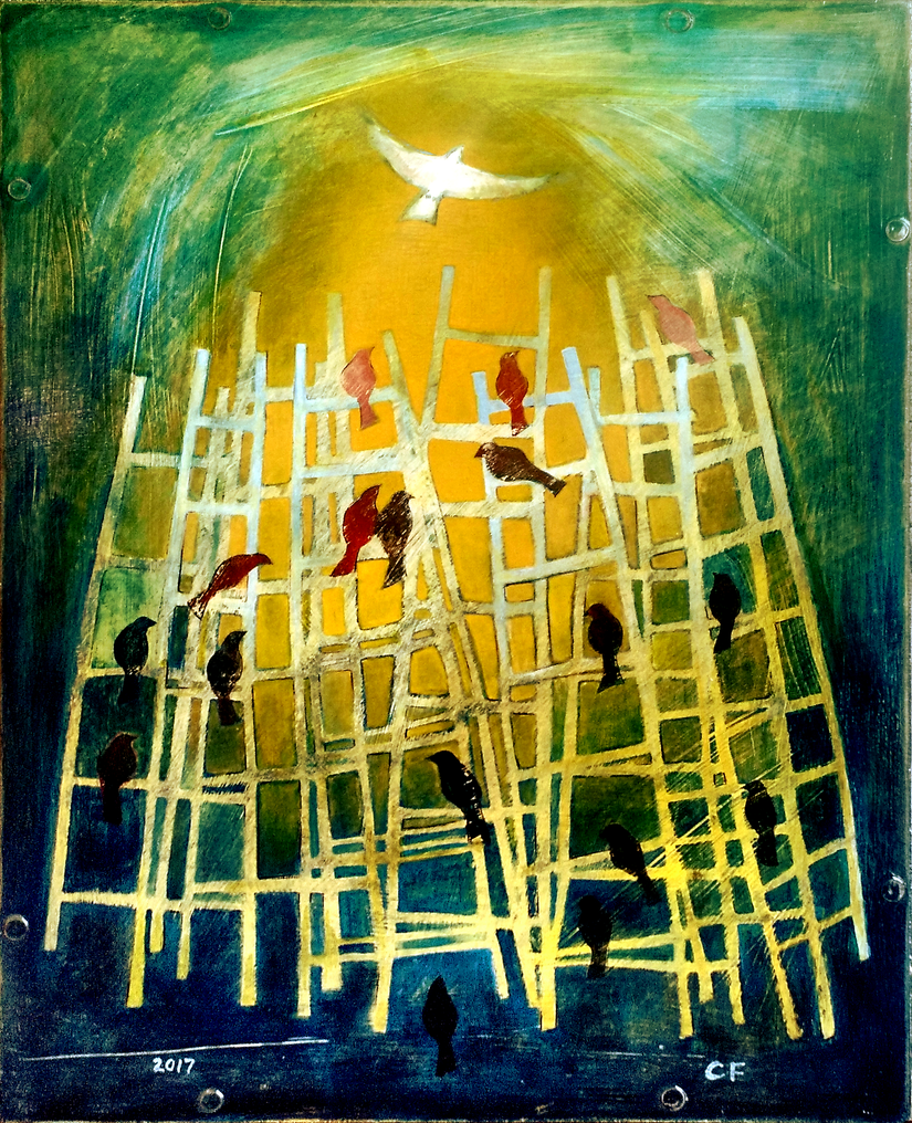 A red bird in flight above a network of white ladders rising through a golden sky, more red, black, and pink birds perched across the ladders beneath a glowing white dove at the top.