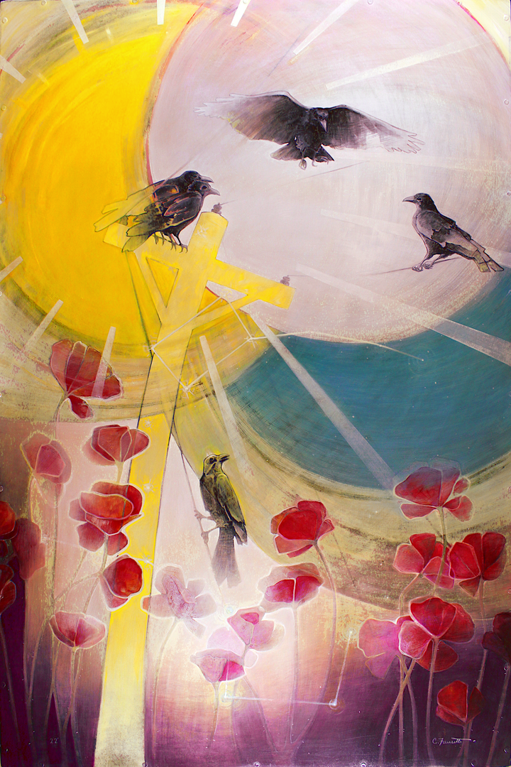 Six yellow warblers gather in an olive tree around a nest holding three speckled eggs, under a starry night sky.
