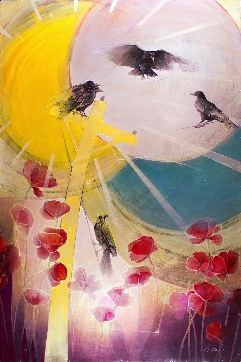 Six yellow warblers gather in an olive tree around a nest holding three speckled eggs, under a starry night sky.