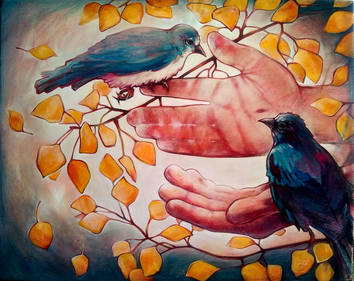 Two birds face each other across a pair of cupped hands (pierced in the palm), orange autumn leaves scattered around them.