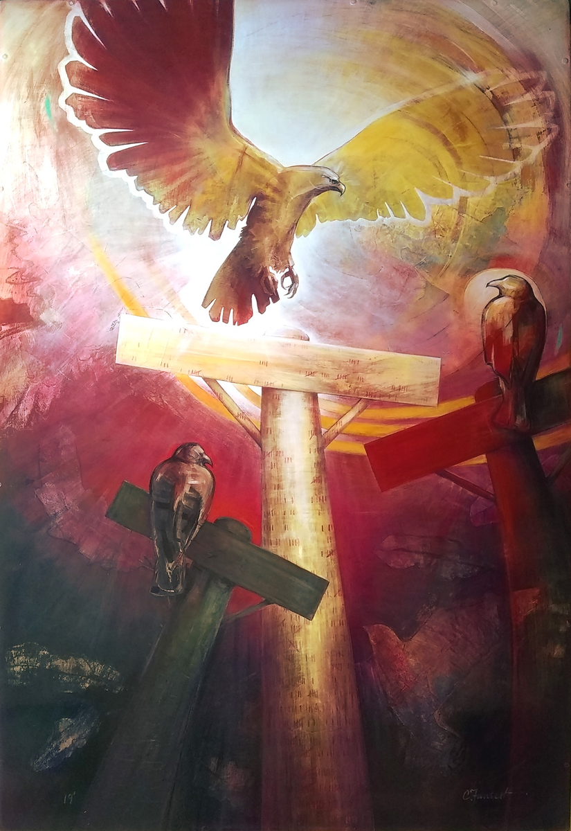 A hawk with wings fully spread descends toward a wooden cross, talons reaching for the crossbeam, while two more hawks perch on crosses in a deep red and gold sky.