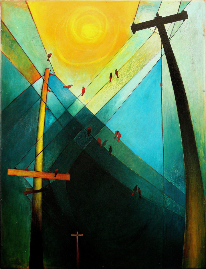 Powerline poles cross a stylised teal and green landscape, a heavy gold sun behind them and small figures walking below.