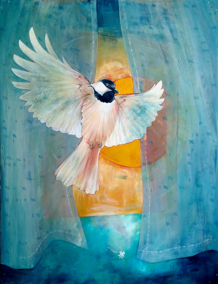 A white chickadee holds its wings fully open against a field of teal and gold, small and lit from within.