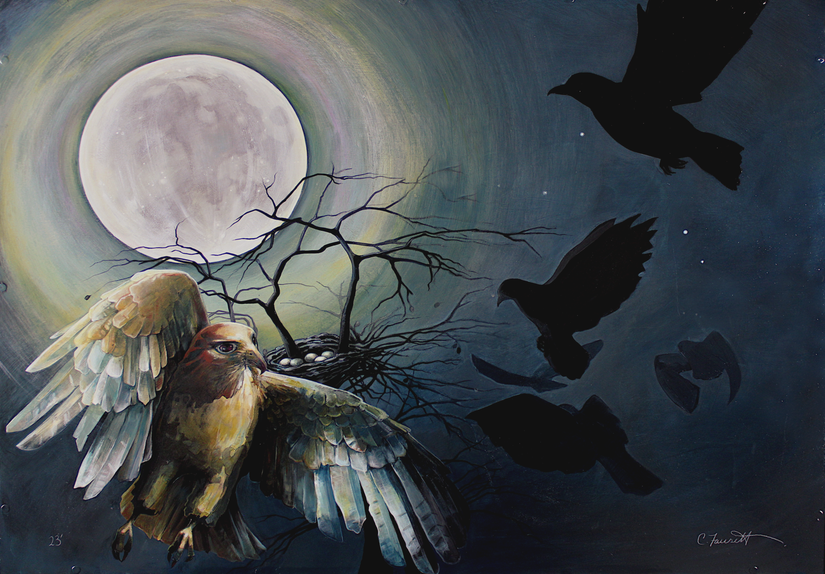 A red-tailed hawk with wings spread flies past a full moon beside a bare tree holding a nest of speckled eggs, with three black birds in silhouette nearby.