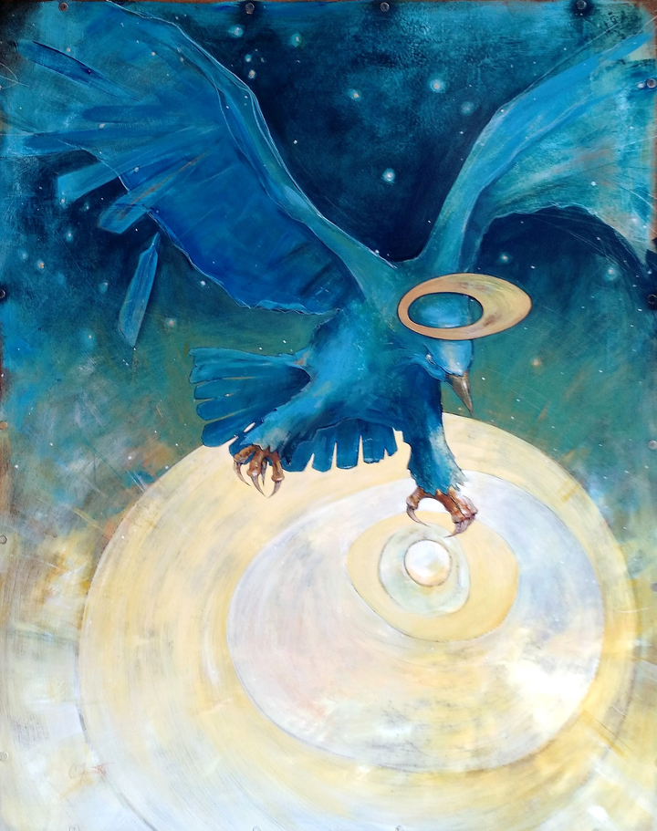 A blue bird rises with its wings spread wide, a thin gold halo at its throat, standing on a disc of white light against a dark, star-flecked sky.
