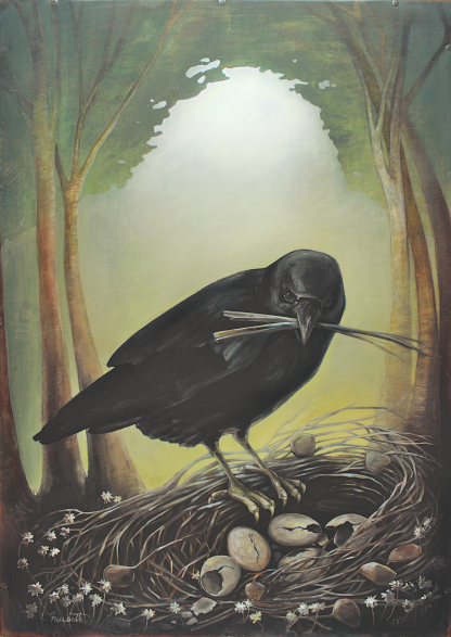 A black raven perched at the edge of a wind-tossed nest holding cracked eggs, framed by bare branches against a glowing green-gold light.
