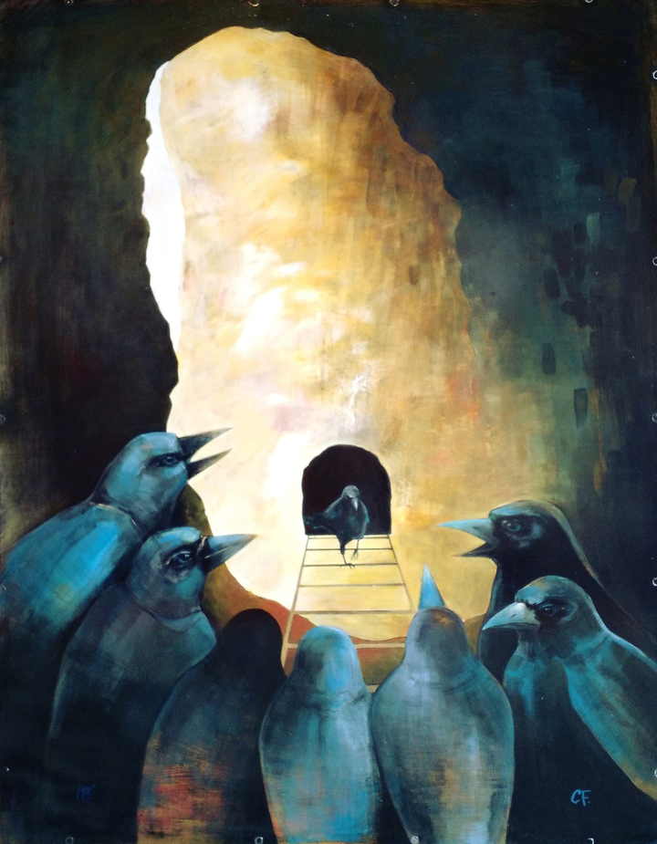 A cluster of dark birds crane upward, beaks open, toward a tall column of warm light breaking above them.