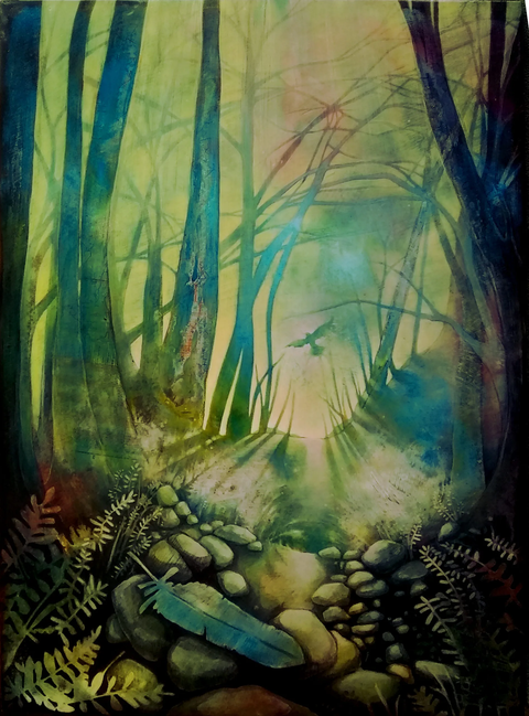 Slender trees in a green forest with maps worked into their trunks, a single feather drifting down toward mossy stones.